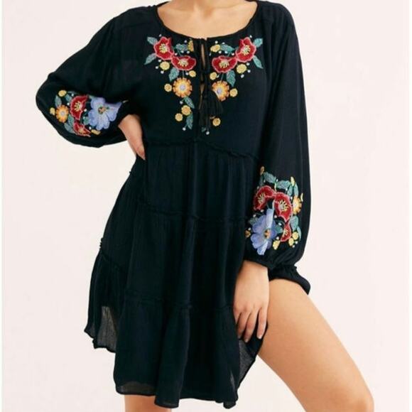 Free People Spell On You Embroidered Long Sleeve Mini Black Dress - Picture 1 of 4